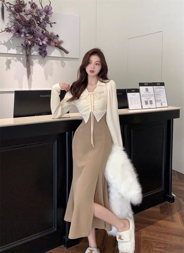 Long sleeve v neck stylish dress